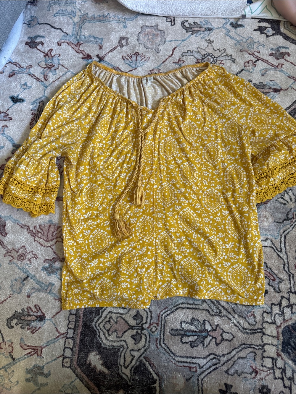 Boho Tassel Peasant Blouse in Mustard Yellow